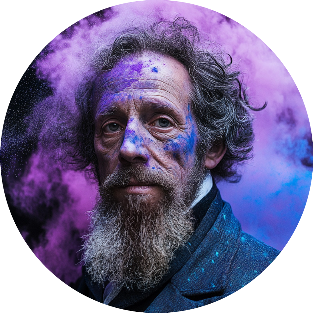 Charles Dickens stylised with colourful powder smoke