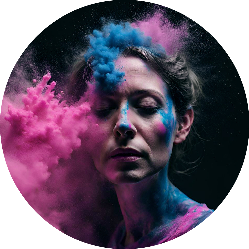 Freda Swain stylised with colourful powder smoke