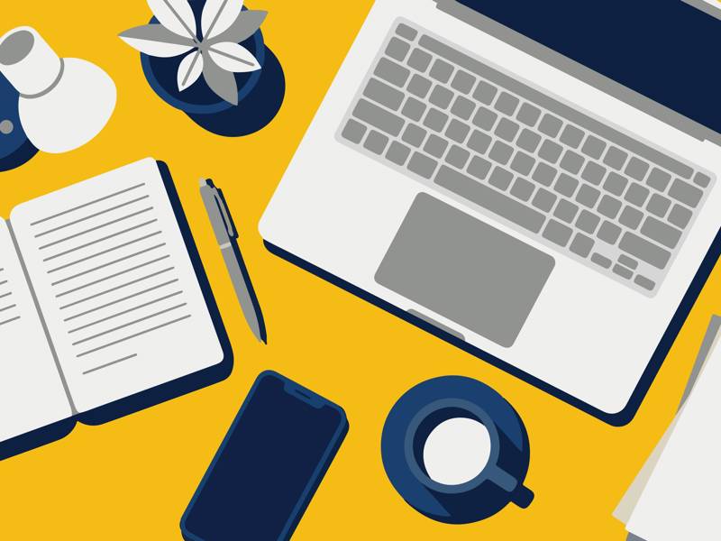 An illustration showing revision preparation - a laptop, book, lamp, pen and pad, and notes