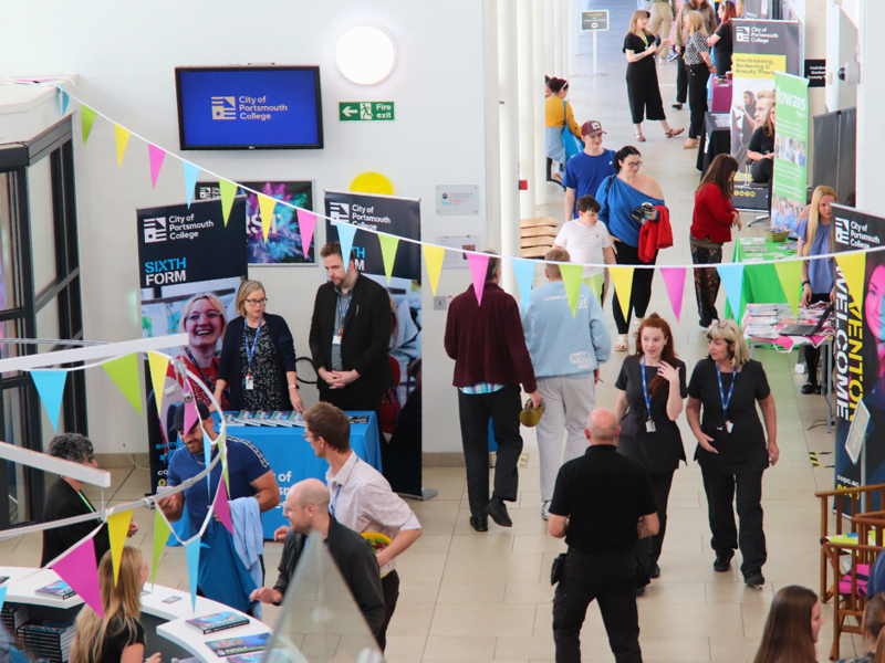 Busy plaza during Open Event at Highbury Campus.