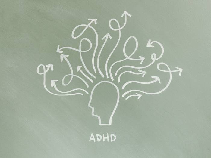 Image shows an illustration of a head with lots of thoughts coming out of it, to represent ADHD