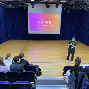 Hayden Taylor speaking to Aspire and Achieve students at City of Portsmouth College
