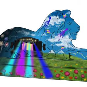The winning design for the COPC lion competition, showing a lion coloured with bright blues, greens and other colours to represent Portsmouth's music scene